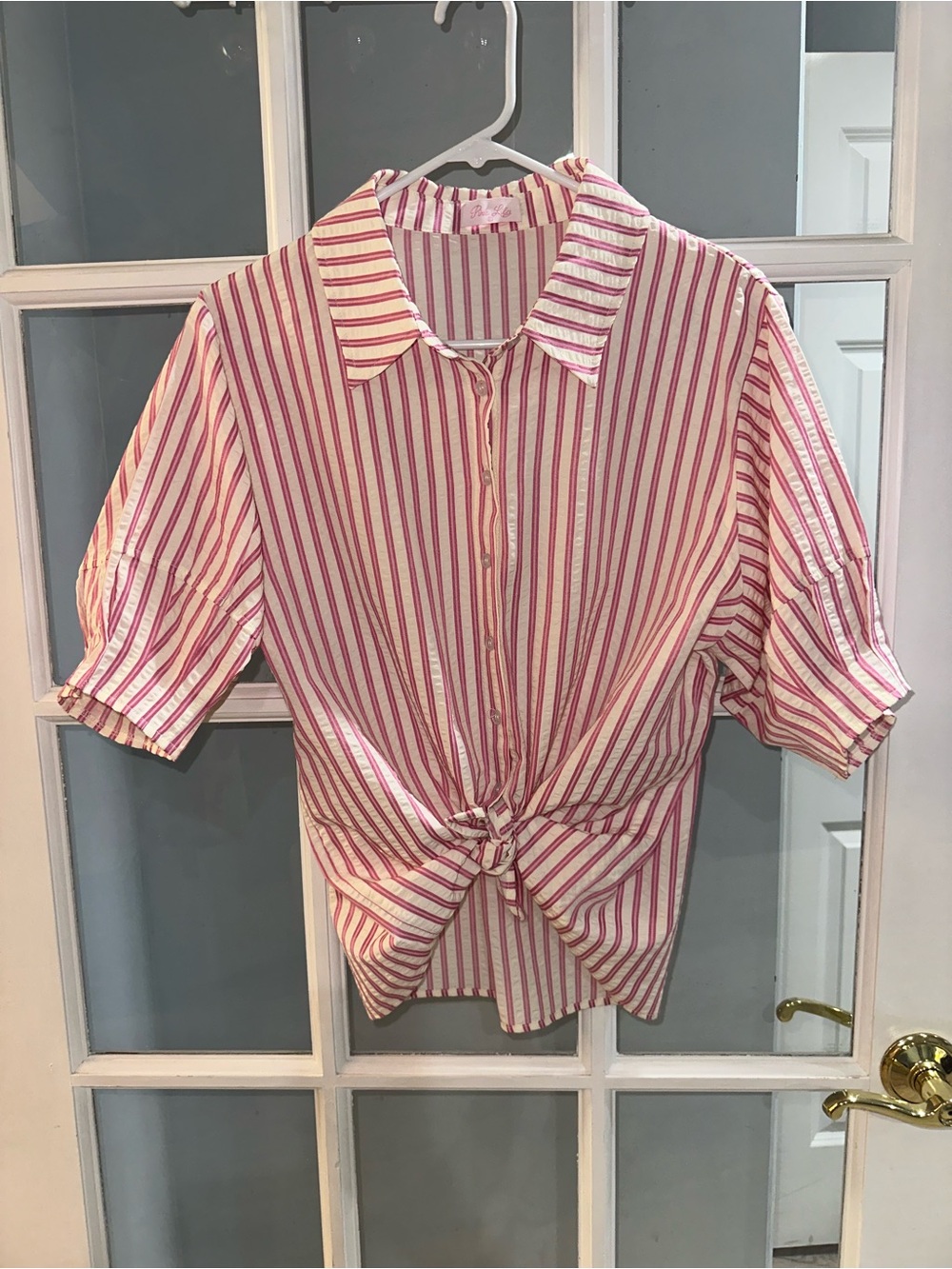 Pink Lily Puff Sleeve Peplum Top Blouse Pink White Sz XL Button Pleated NWOT
